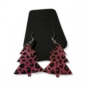Pink Leopard Christmas Tree Earrings
